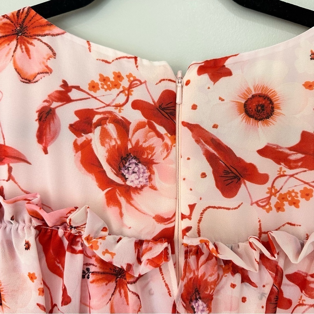 Badgley Mischka Tiered Ruffle Floral Dress Pink Mini Size 10 RTR Designer - Picture 12 of 14